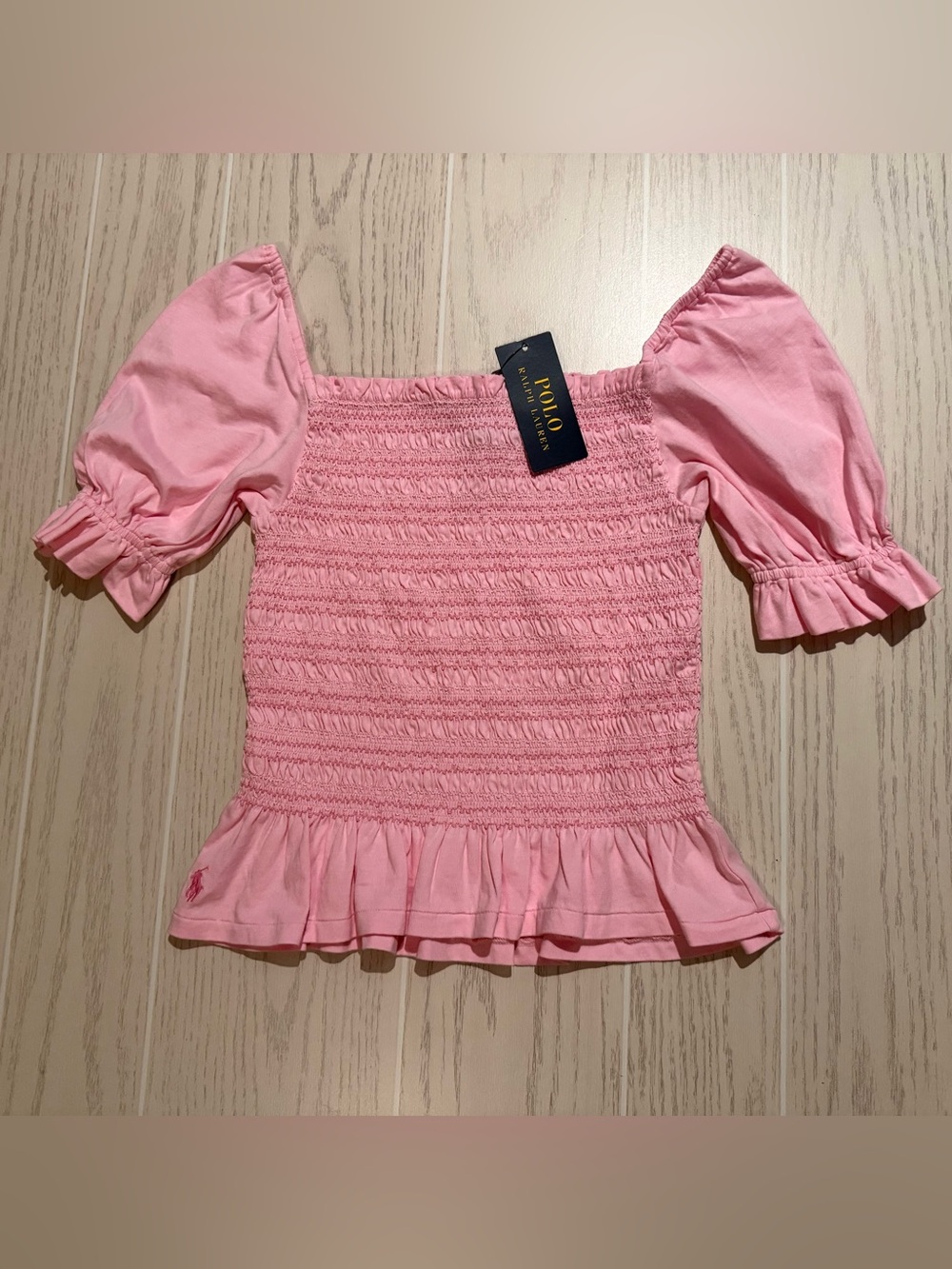 Polo Ralph Lauren Girls Pink Smocked Puff Sleeve Peplum Top Size L 12-14 NWT
